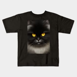 Portrait of Angry Fluffy Black Persian Cat Face Kids T-Shirt